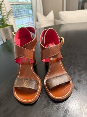 Louis Vuitton Brown Monogram Leather Heeled Sandals with Pink Lining